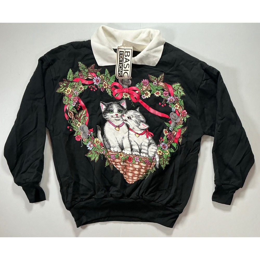 VTG 90s USA Basic Editions Christmas Wreath Cat Cottagecore Sweatshirt Womens M